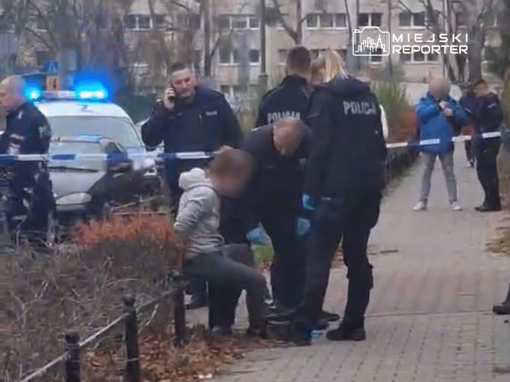 Grupa policjantów zatrzymuje mężczyznę na chodniku w pobliżu radiowozu, w tle widać osoby obserwujące zdarzenie.