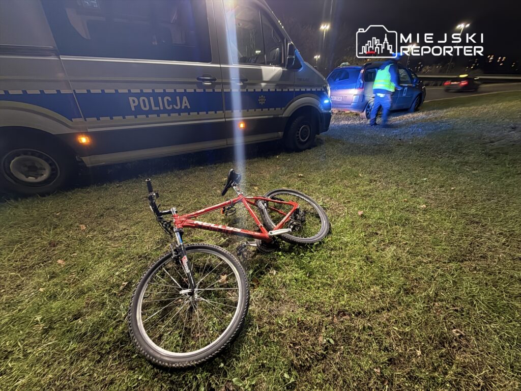 Czerwony rower leży na trawie obok radiowozu policyjnego, gdzie policjant rozmawia z kierowcą innego pojazdu.