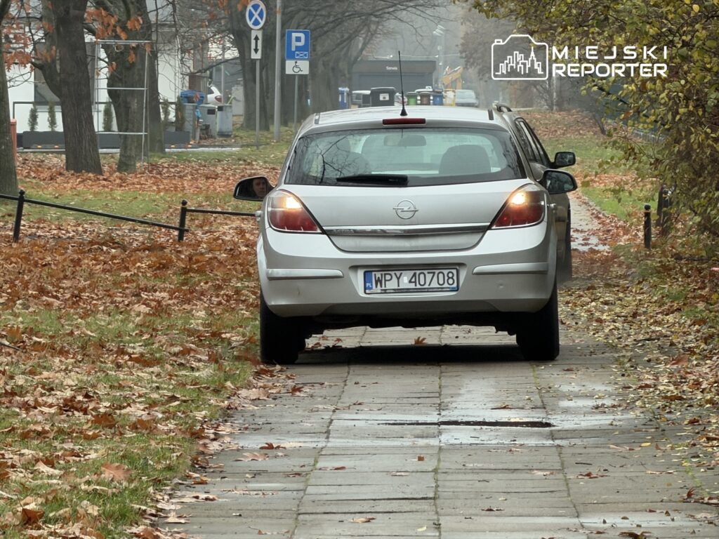 Biały samochód osobowy zatrzymany na chodniku, otoczony opadłymi liśćmi w jesiennej scenerii.
