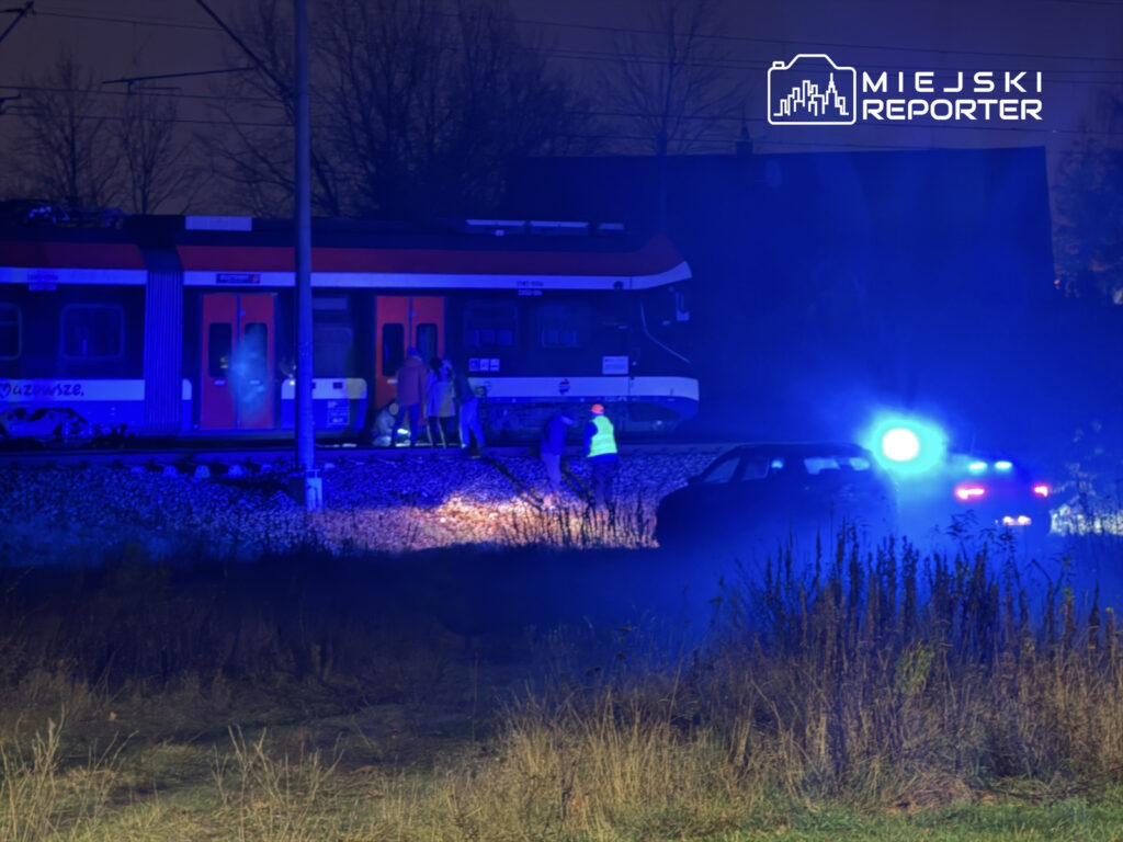 Grupa osób w odblaskowych kamizelkach prowadzi działania obok pociągu na torach, w tle radiowóz z włączonymi światłami.