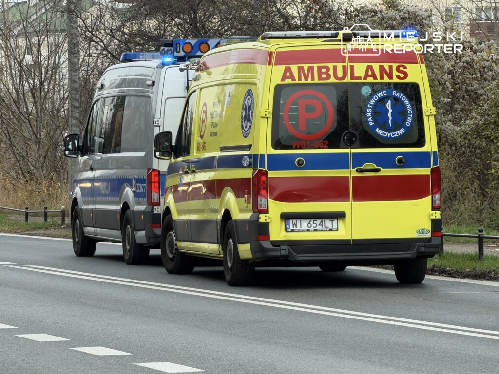 Karetka pogotowia i radiowóz policyjny stoją na poboczu drogi, w tle widoczne drzewa i krzewy.