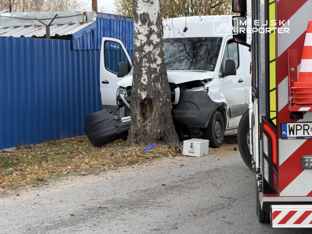 Biały furgon uderzony w drzewo przy niebieskim płocie, obok widoczna skrzynka na ziemi.