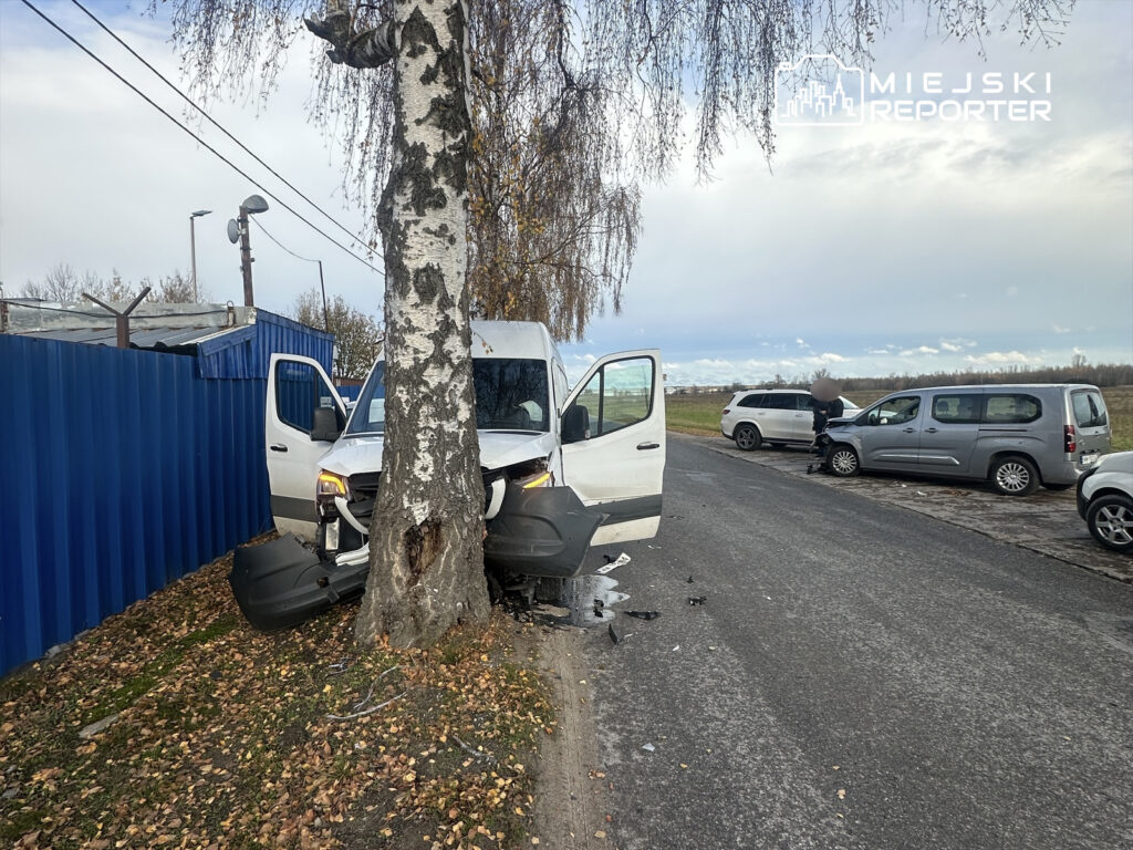 Biały furgon zderzony z drzewem na poboczu drogi, obok zaparkowane inne pojazdy. W tle widoczna niebieska ogrodzenie.