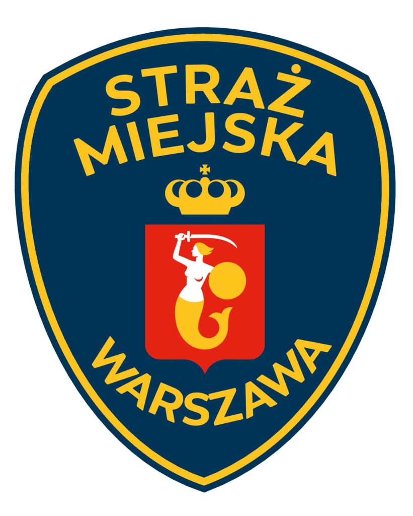 Herb straży miejskiej z motywem syreny, koroną i napisem "STRAŻ MIEJSKA WARSZAWA" na granatowym tle.