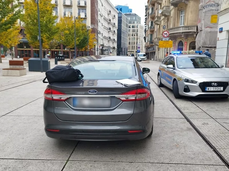 Szary samochód osobowy zaparkowany na ulicy, obok radiowóz policyjny z włączonymi sygnałami świetlnymi.