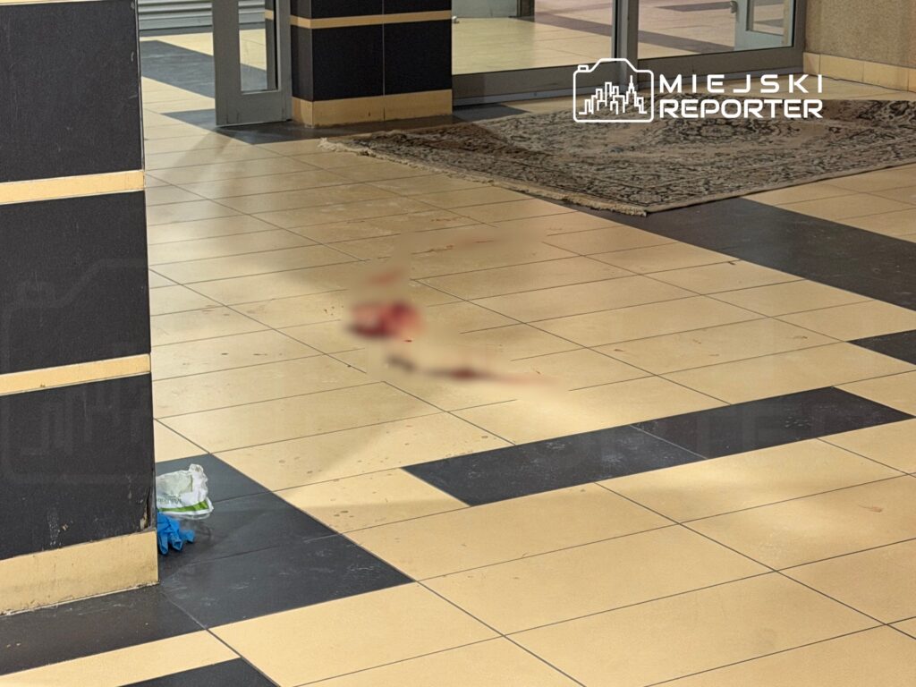 Na podłodze w holu leżą plamy krwi obok niebieskich rękawiczek i foliowego opakowania.