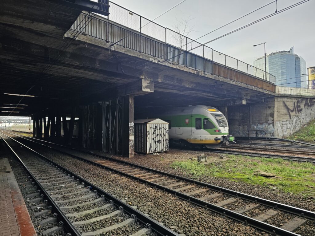 Pociąg osobowy w zielono-białych barwach przejeżdża pod betonowym wiaduktem, obok zarośniętej trawy i graffiti.