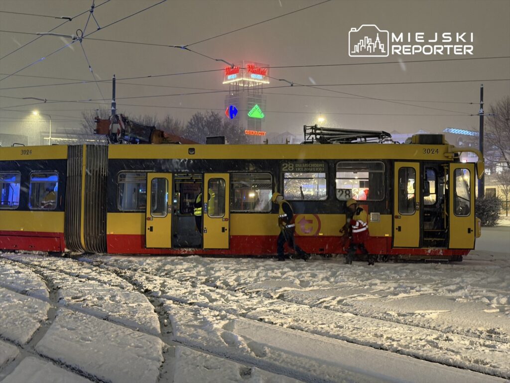 Tramwaj w śniegu, obok dwóch pracowników w odblaskowych kamizelkach, w miejskim otoczeniu nocą.