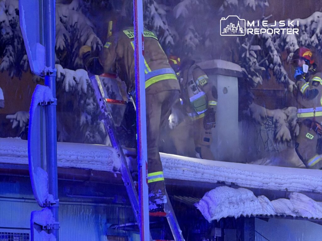 Strażacy w specjalistycznych strojach usuwają śnieg z dachu budynku w zimowej scenerii.