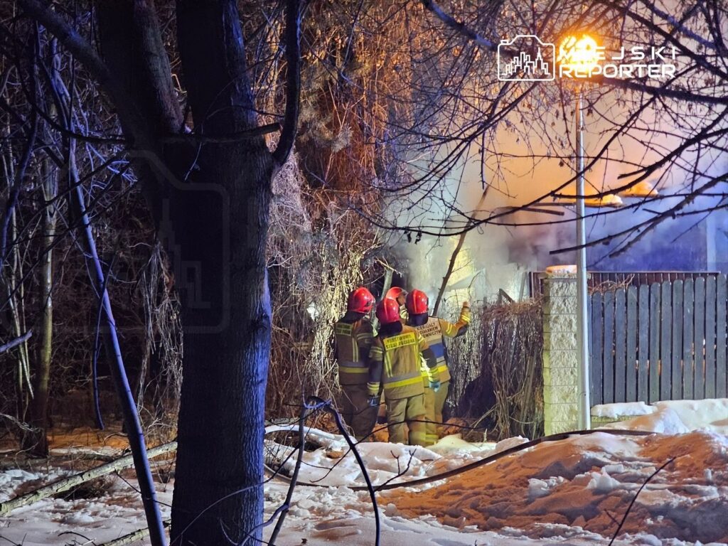 Grupa strażaków w hełmach gasi pożar w zaroślach przy ogrodzeniu, otoczeni dymem i śniegiem.
