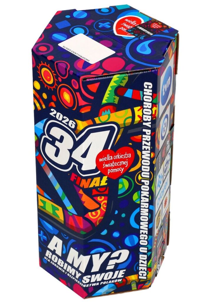 Pudełko z kolorowym wzorem, promujące 34. Finał Wielkiej Orkiestry Świątecznej Pomocy, z hasłem "A MY? ROBIMY SWOJE".