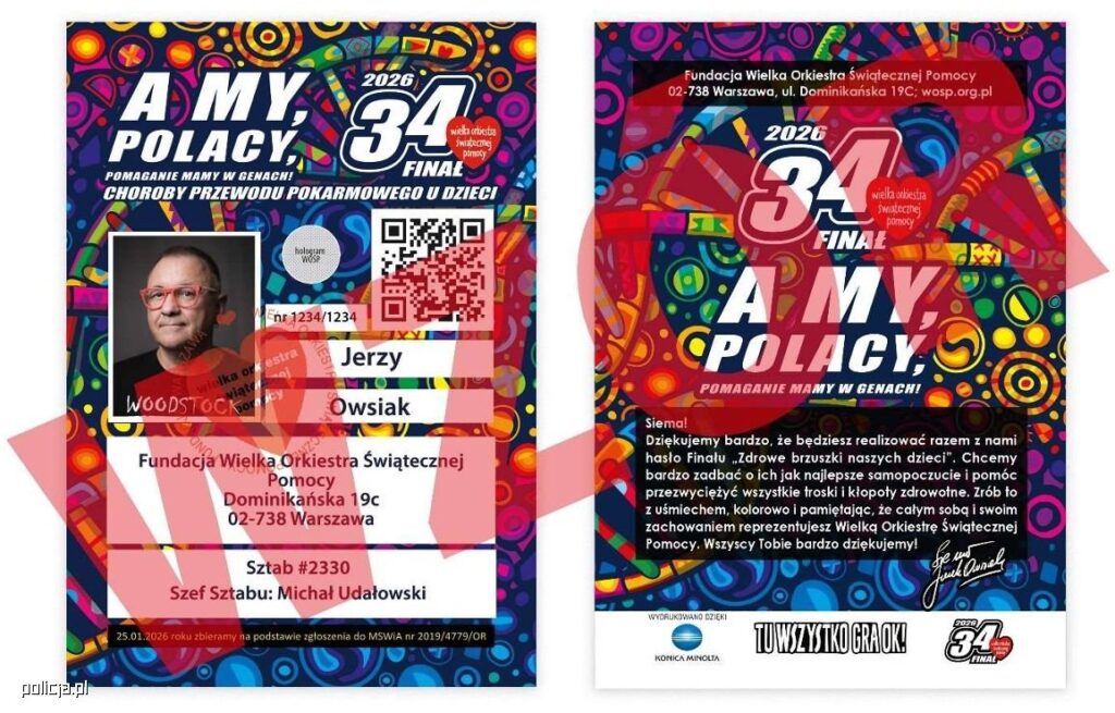 Karta identyfikacyjna z kolorowym tłem, zawierająca zdjęcie mężczyzny w okularach, informacje o 34. Finale WOŚP oraz QR kod.