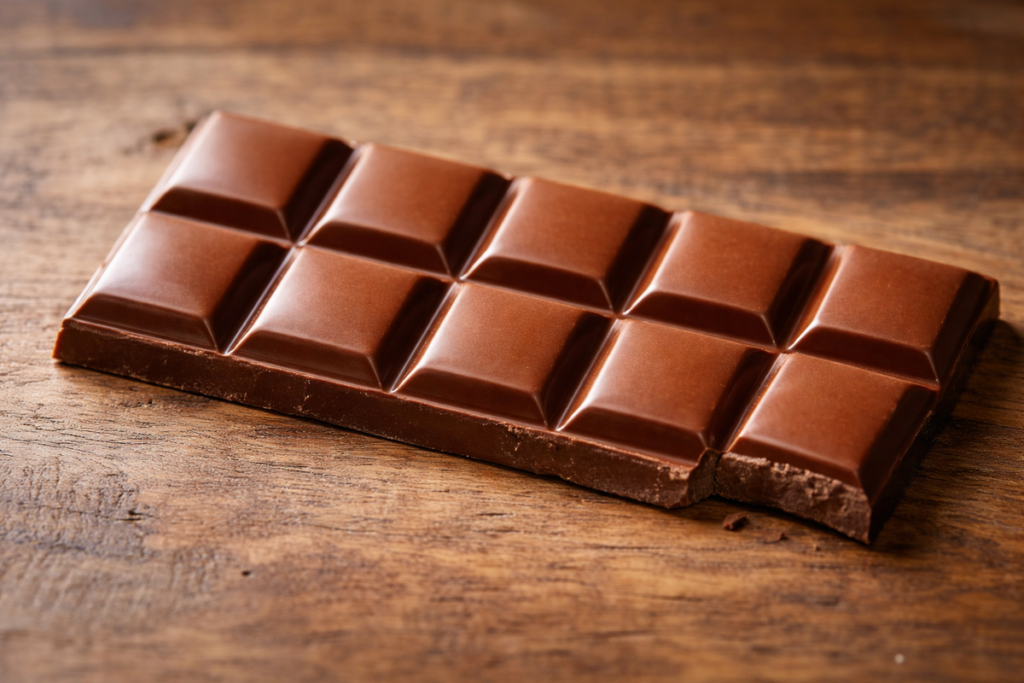 Tabliczka czekolady mlecznej leżąca na drewnianym stole, z widoczną ubytą częścią.