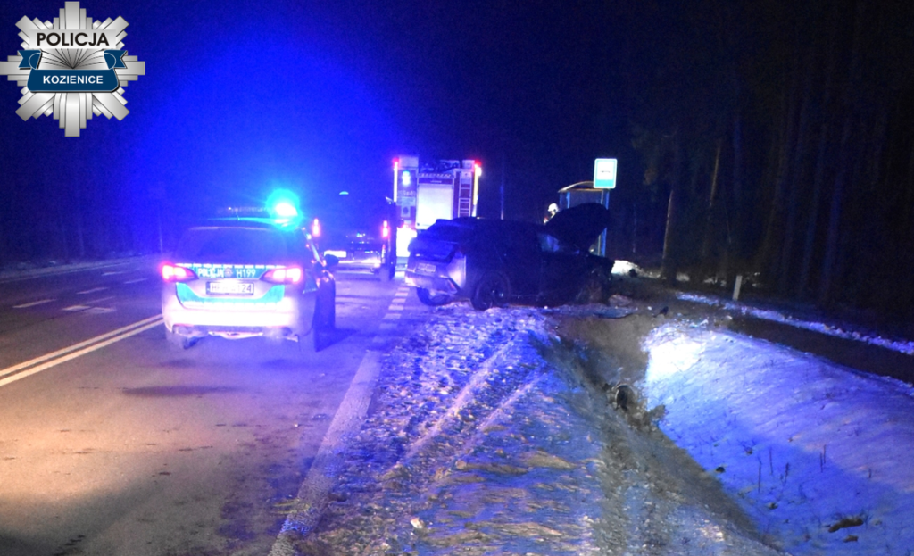 Samochód osobowy leży na boku przy drodze, obok stoją radiowozy policyjne z włączonymi sygnałami świetlnymi.