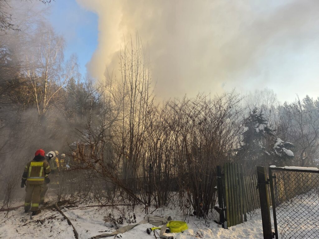 Strażacy w mundurach gaszą pożar w zaroślach, w tle widoczny dym i płomienie, otoczenie pokryte śniegiem.