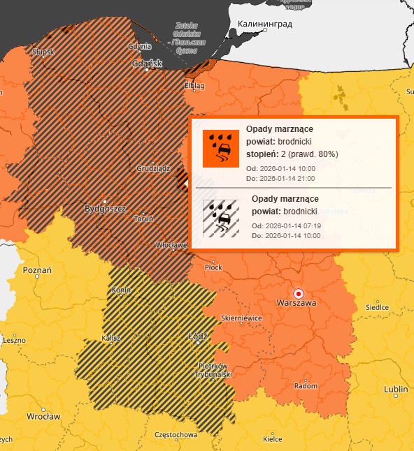 Mapa z prognozą pogody, pokazująca obszar z opadami marznącymi w powiecie brodnickim oraz inne regiony w Polsce.