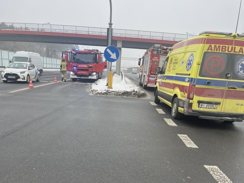 Na drodze w zimowym otoczeniu znajdują się pojazdy służb ratunkowych: straż pożarna i ambulans, a także samochód osobowy.
