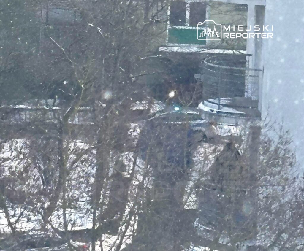 Mężczyzna przy samochodzie w zaśnieżonym otoczeniu, w tle widać drzewa i budynki.