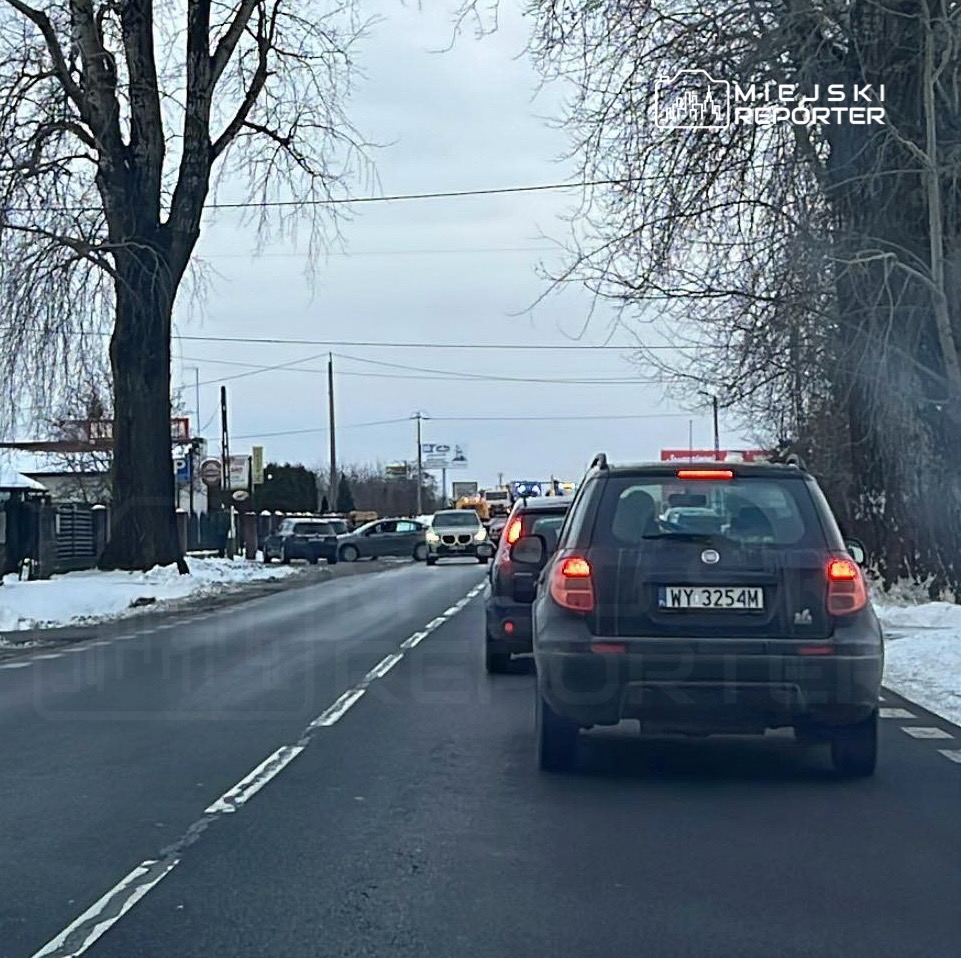 Ruch samochodowy zatrzymany na drodze, widoczny zator spowodowany przez policyjne pojazdy w oddali.