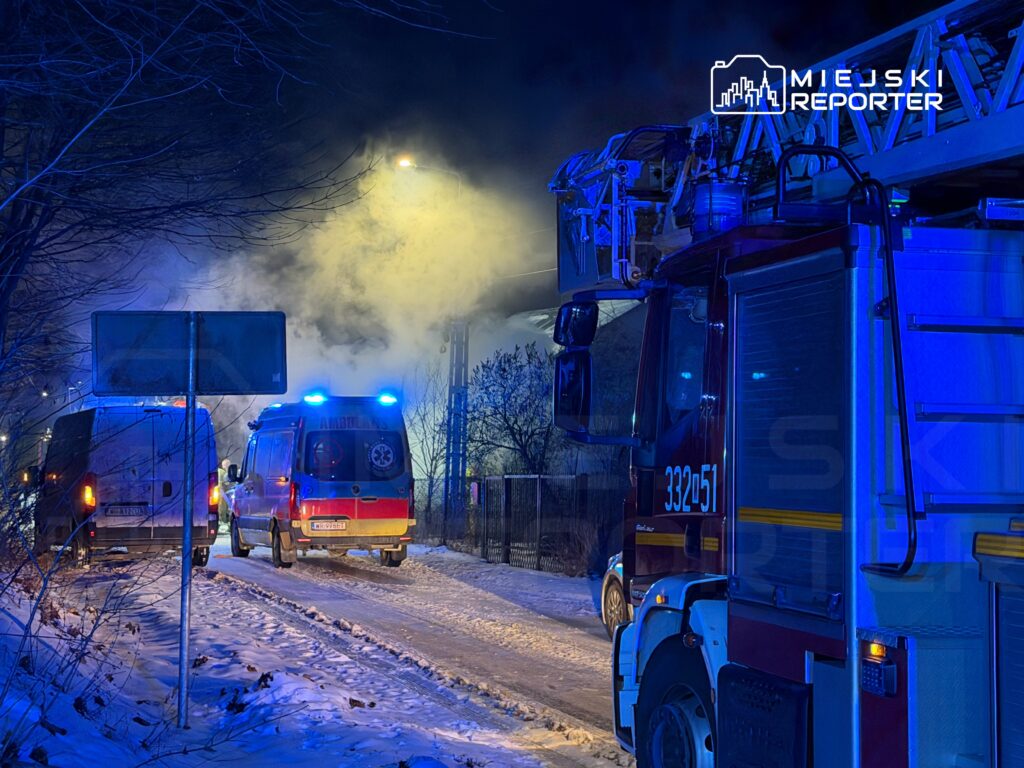 W nocy, na ośnieżonej drodze, stoją pojazdy straży pożarnej i karetka z włączonymi sygnalizatorami świetlnymi. W tle widać dym.