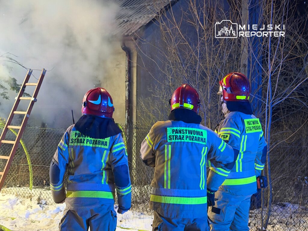 Trzech strażaków w kaskach obserwuje dym wydobywający się z budynku, w tle drabina oparta o płot.