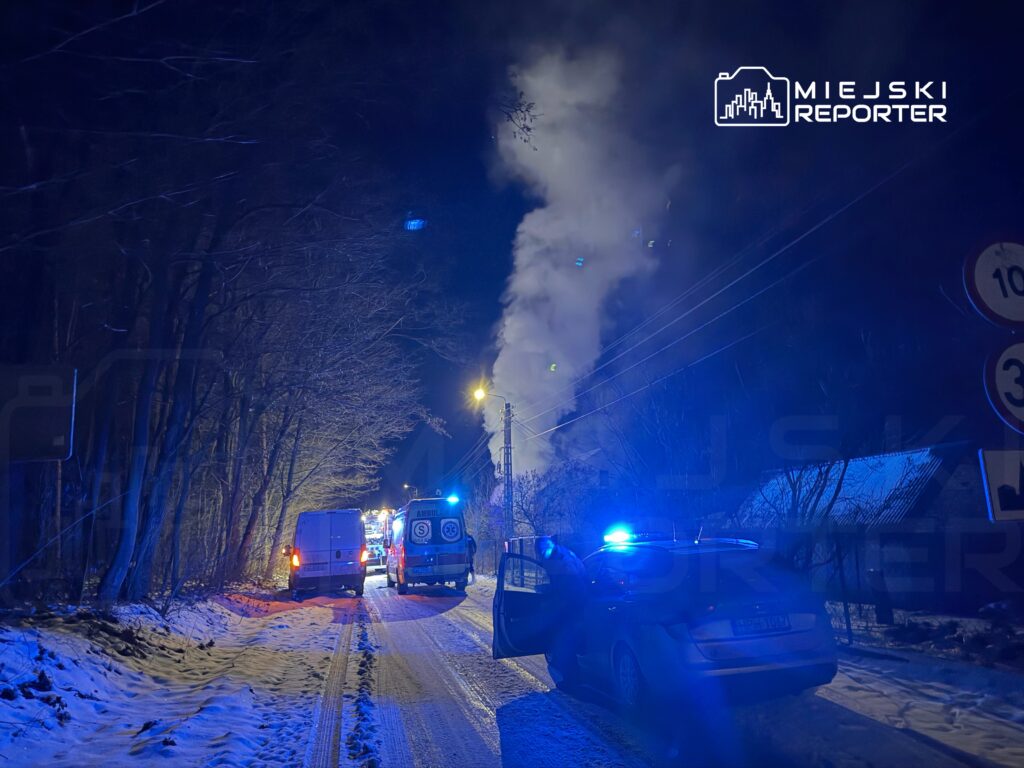 Karetkę pogotowia oraz kilka radiowozów policyjnych na zaśnieżonej drodze, obok unoszącego się dymu.