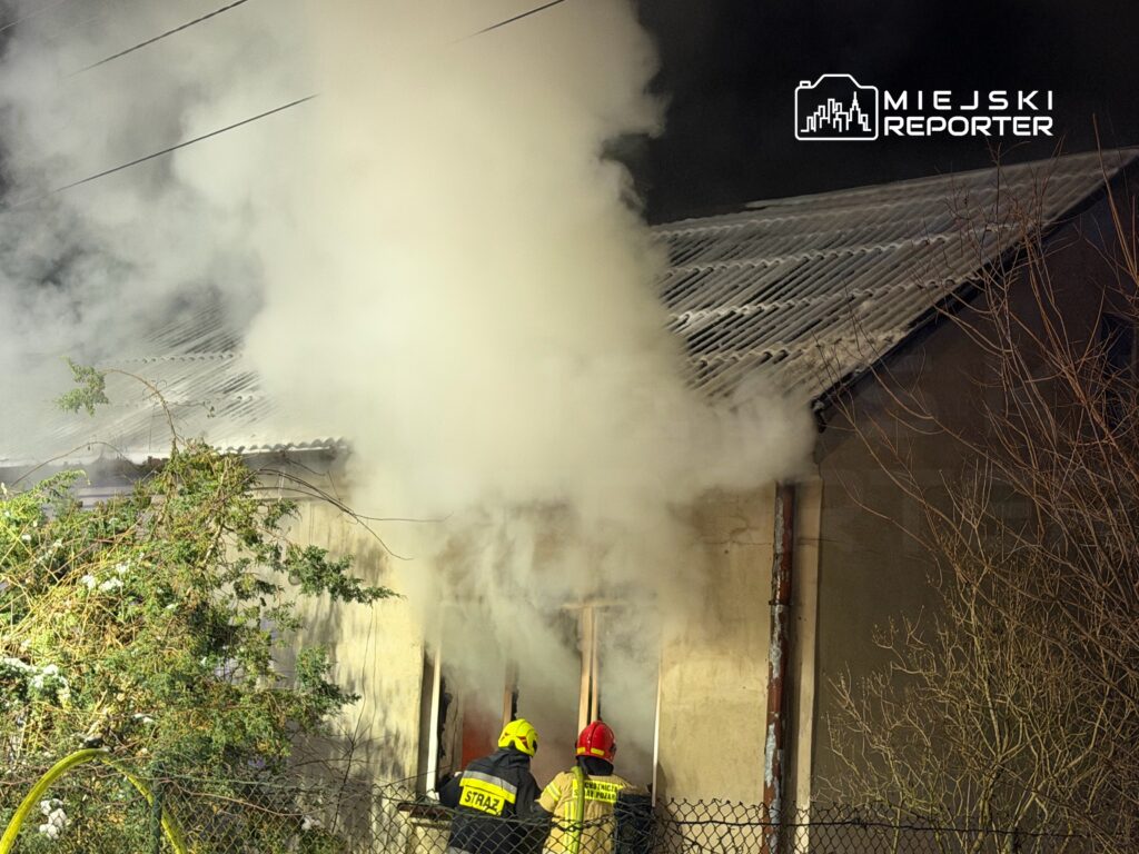 Strażacy w hełmach gaszą pożar w domu, z którego wydobywa się gęsty dym. W tle widać zarośla i ogrodzenie.