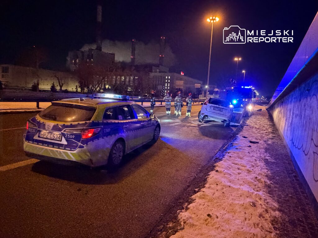 Policyjny radiowóz z włączonymi sygnałami świetlnymi stoi obok uszkodzonego samochodu na drodze, w tle widoczna fabryka.