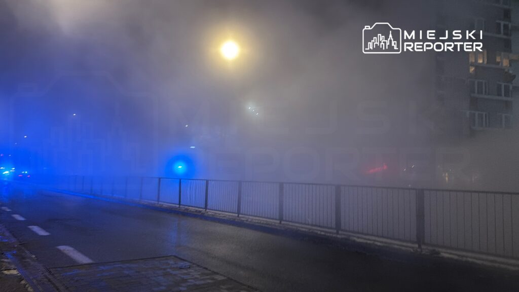 Intensywna mgła osłania ulicę, a w tle widoczne niebieskie światła pojazdów służb ratunkowych.