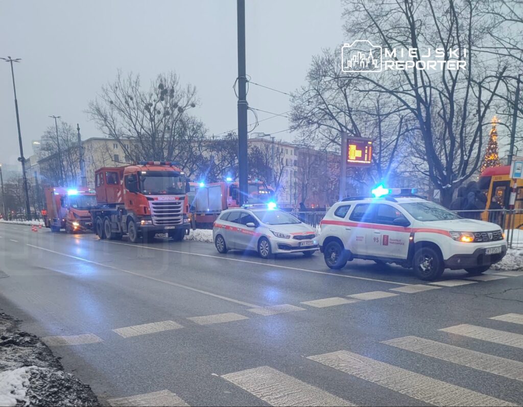 Na ulicy stoją samochody służb ratunkowych z włączonymi sygnałami świetlnymi, w tle widoczne drzewo.