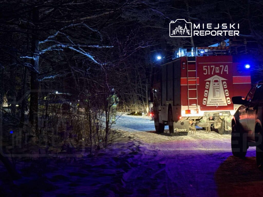 W nocy w lesie stoi wóz strażacki z włączonymi sygnalizacjami świetlnymi, oświetlając okolicę.