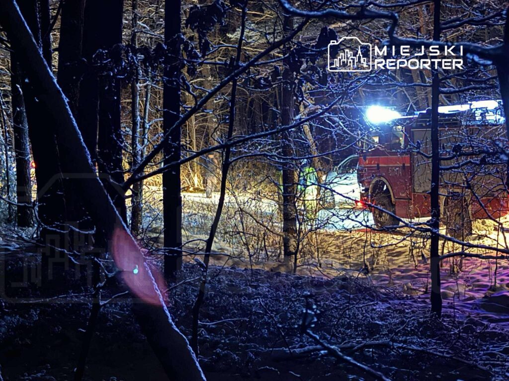 Straż pożarna z włączonymi sygnalizatorami przemieszcza się przez ośnieżony las w nocy.
