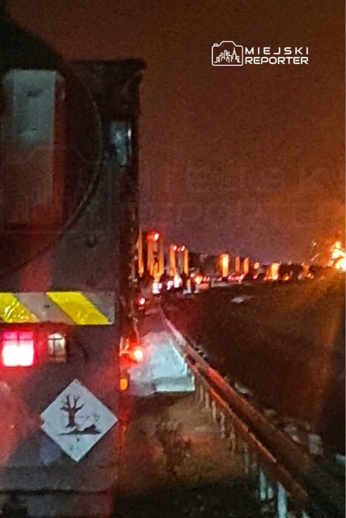 Ciemna noc, rząd ciężarówek z włączonymi światłami postojowymi na poboczu drogi. W tle widoczna mgła.