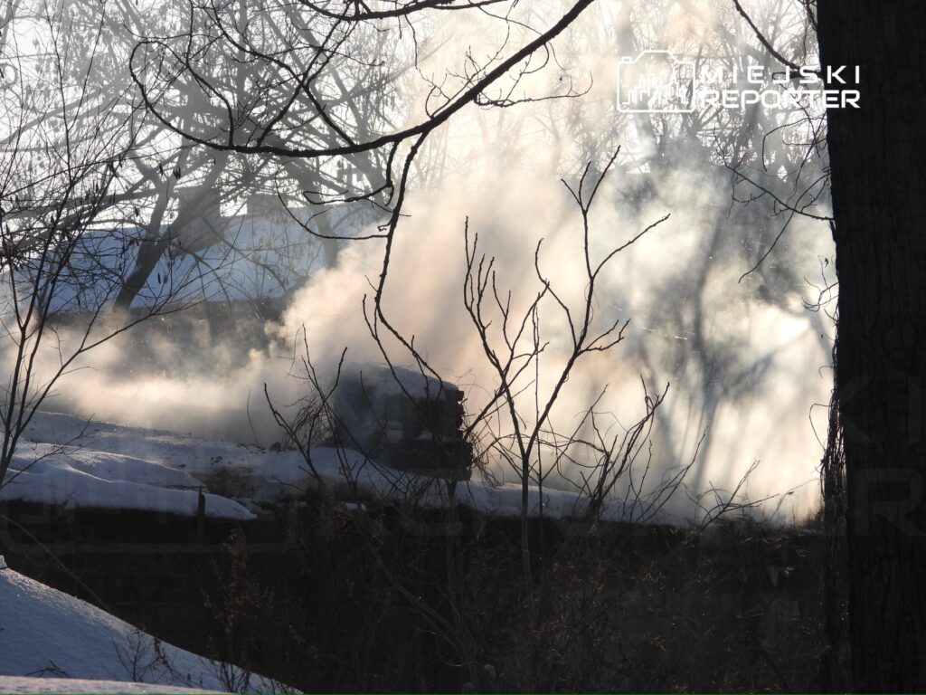 Gęsty dym unoszący się z zaśnieżonego terenu w otoczeniu nagich gałęzi drzew.