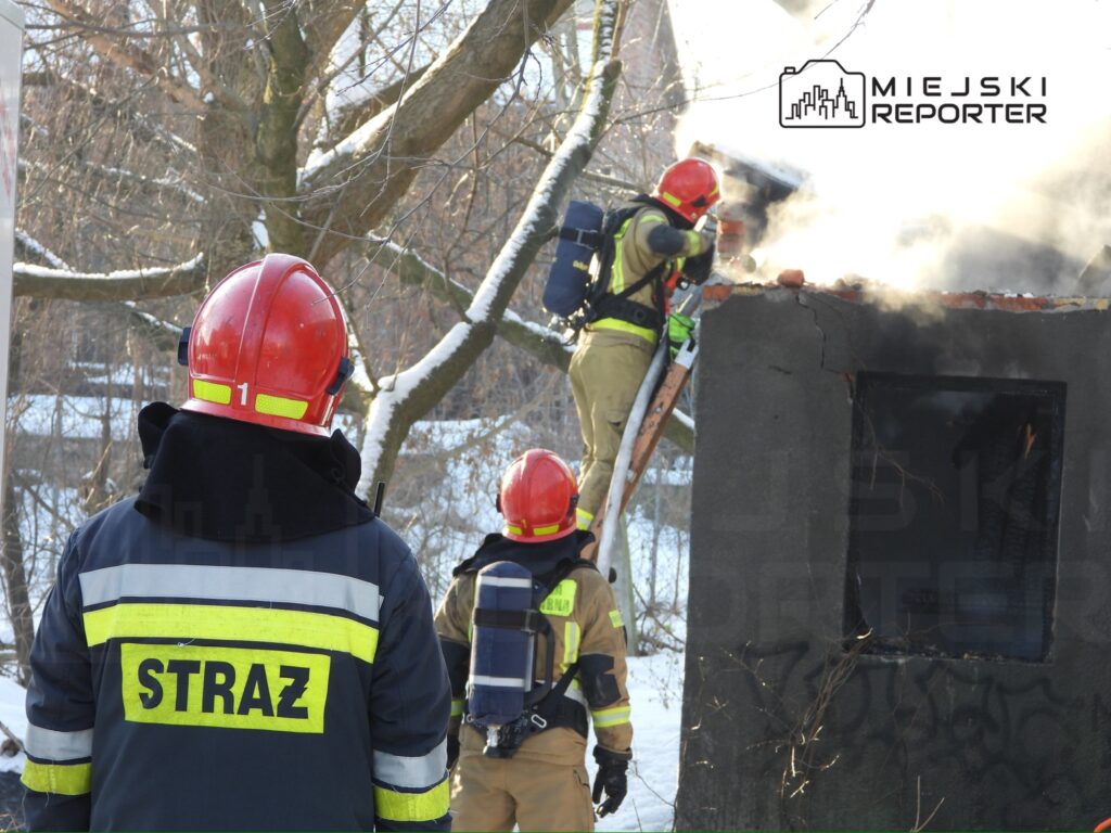 Strażacy w hełmach gaszą pożar dachu budynku, wspierając się drabiną w zimowym otoczeniu.