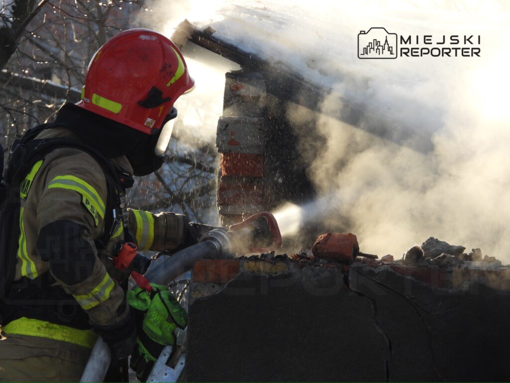 Strażak w hełmie i z maską gaśniczą polewa wodą dymiące ruiny budynku. W tle widoczne drzewa.
