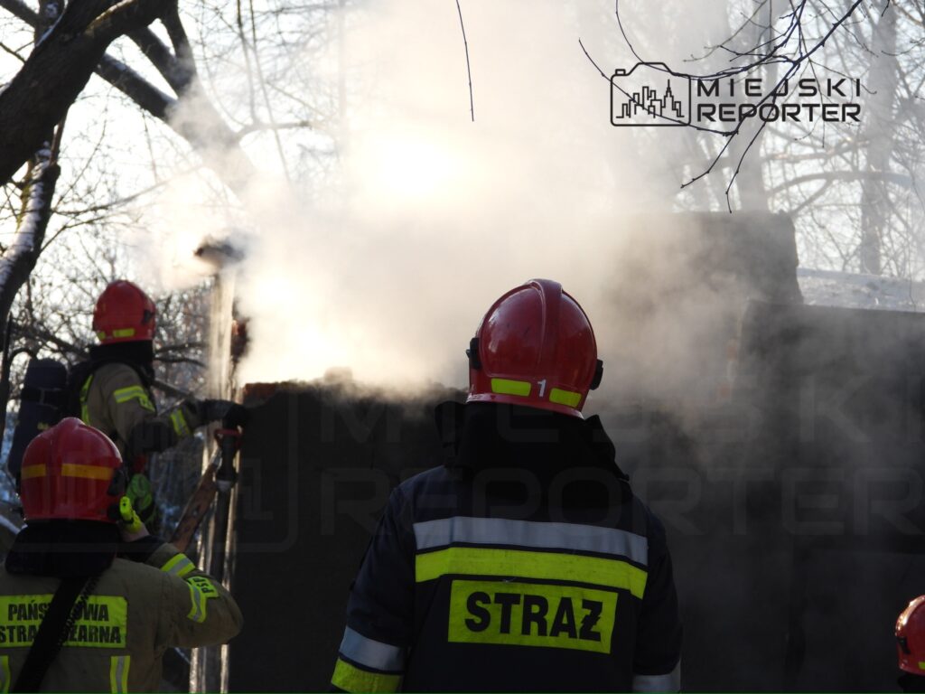 Strażacy w hełmach gaszą ogień z palącego się budynku, w tle widoczne drzewa i dym unoszący się w powietrzu.