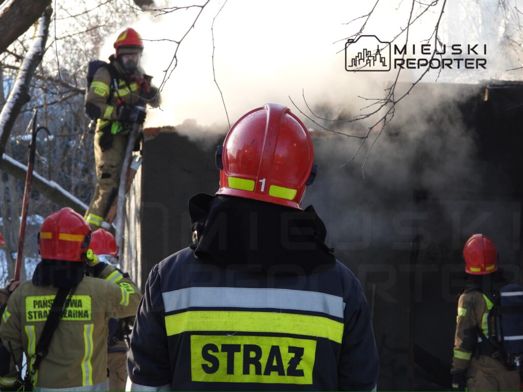 Grupa strażaków w kaskach przystępuje do akcji gaśniczej w otoczeniu dymu wydobywającego się z budynku.