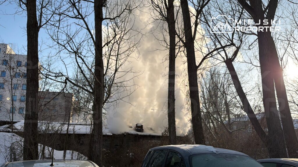 Wysoka chmura pary wydobywająca się z komina, otoczona nagimi drzewami, w tle widoczny nowoczesny budynek.