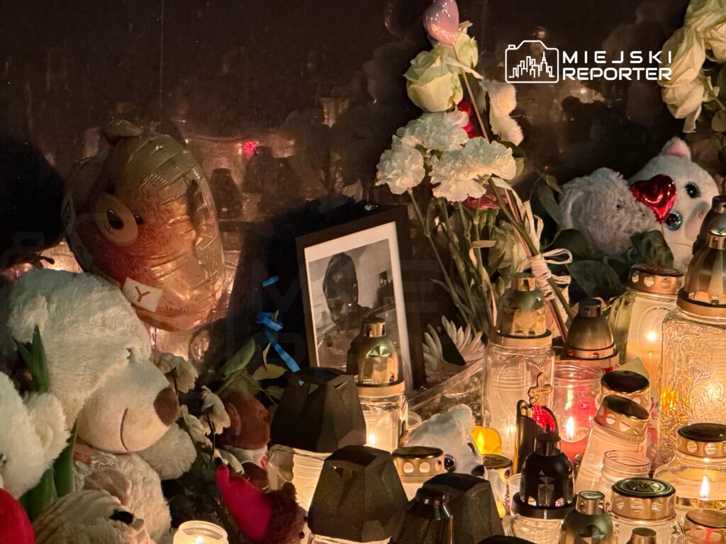 Zgromadzenie zabawek, zdjęcia i zniczy w hołdzie zmarłej osobie, otoczone kwiatami.