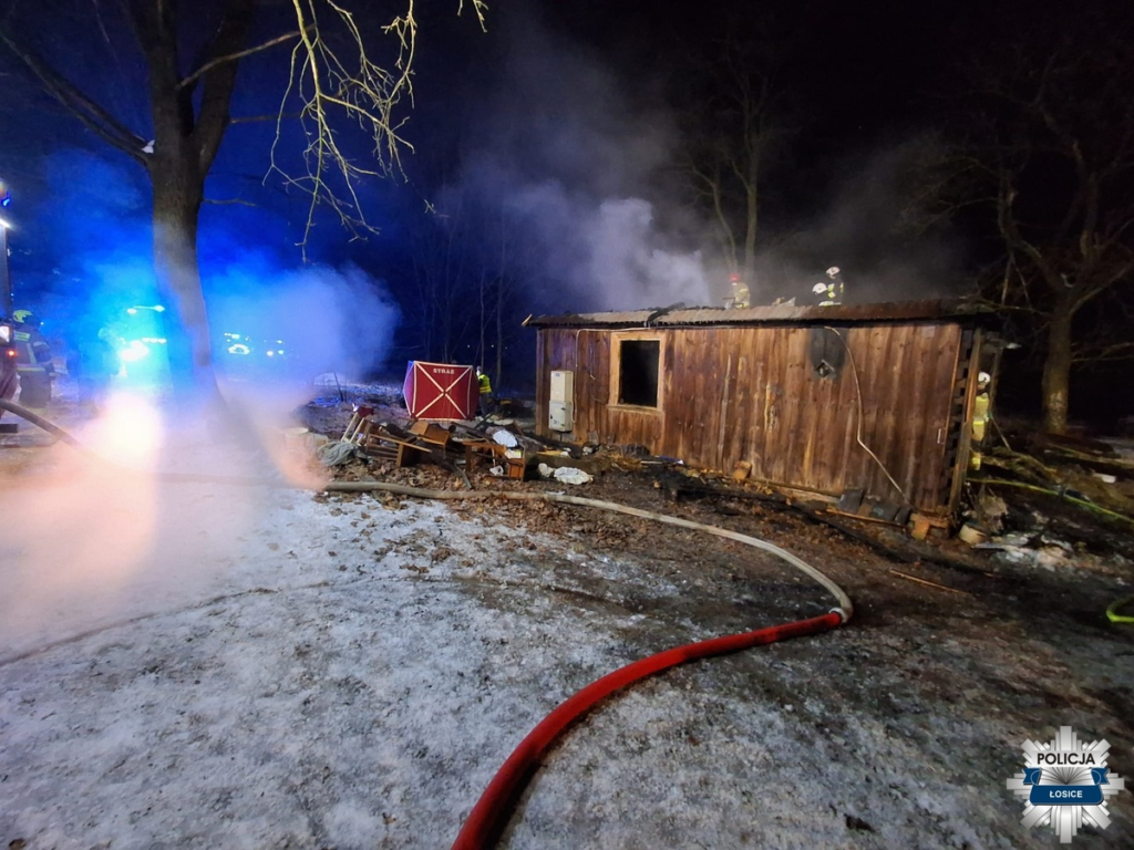 Strażacy gaszą pożar drewnianego budynku, z którego unosi się dym, w otoczeniu drzew i resztek materiałów.
