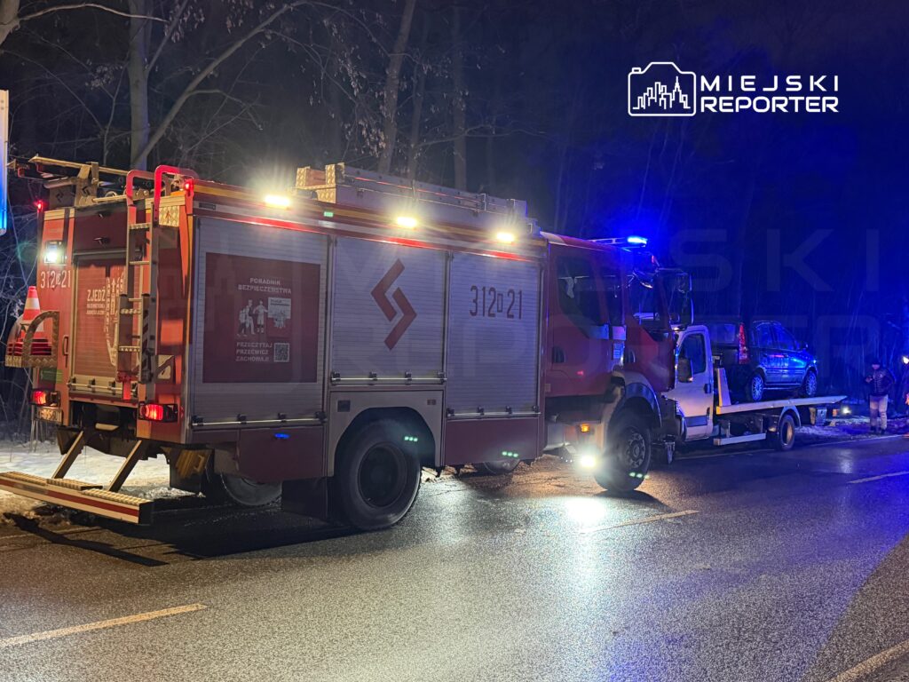 Straż pożarna z włączonymi sygnałami świetlnymi obsługuje wóz na lawecie przy drodze w lesie.