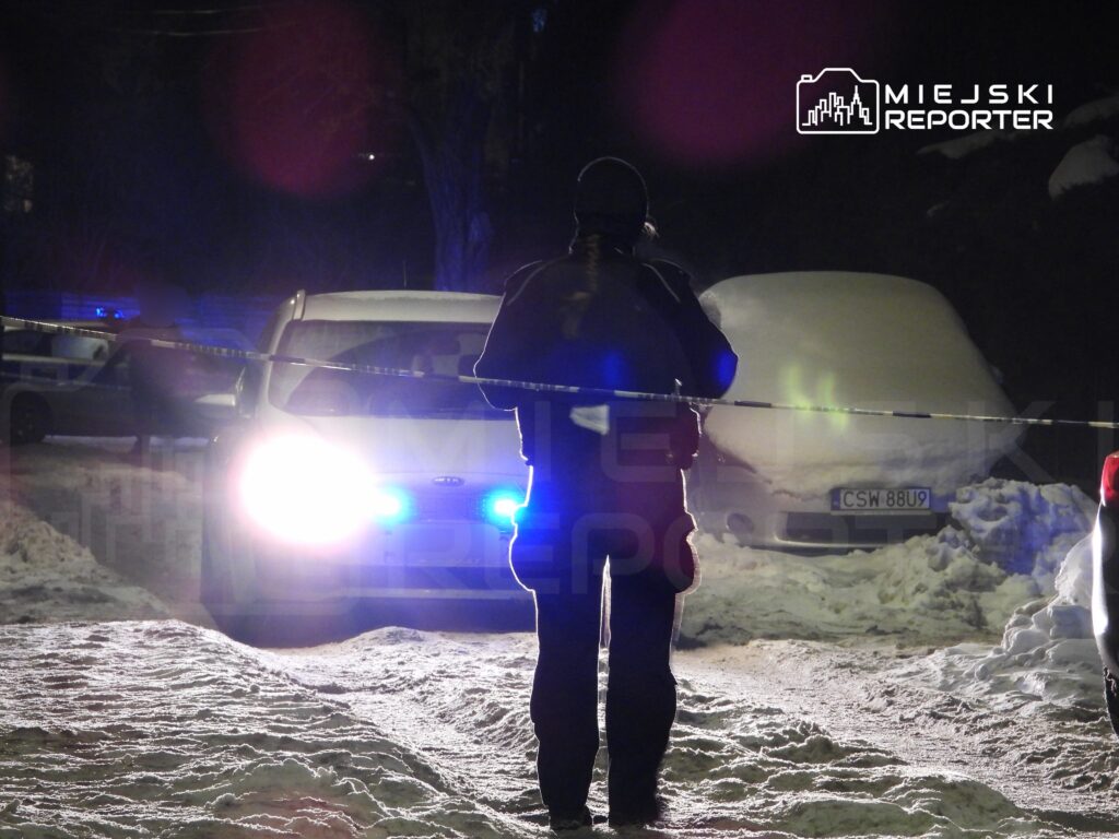 Policjant w ciepłej odzieży stoi na ośnieżonej ulicy, monitorując miejsce zdarzenia z niebieskimi światłami radiowozu w tle.