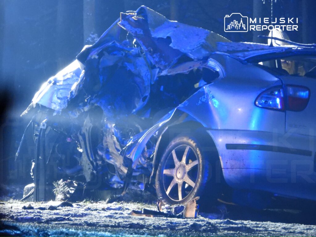 Zniszczony samochód leży na poboczu drogi, oświetlony niebieskimi światłami, w otoczeniu drzew.