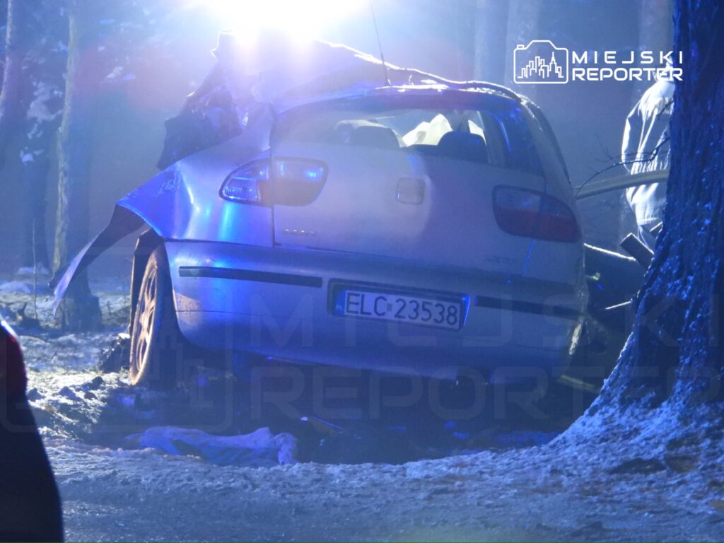 Uszkodzony samochód osobowy w lesie, oświetlony niebieskimi światłami, z widocznymi zniszczeniami na karoserii.