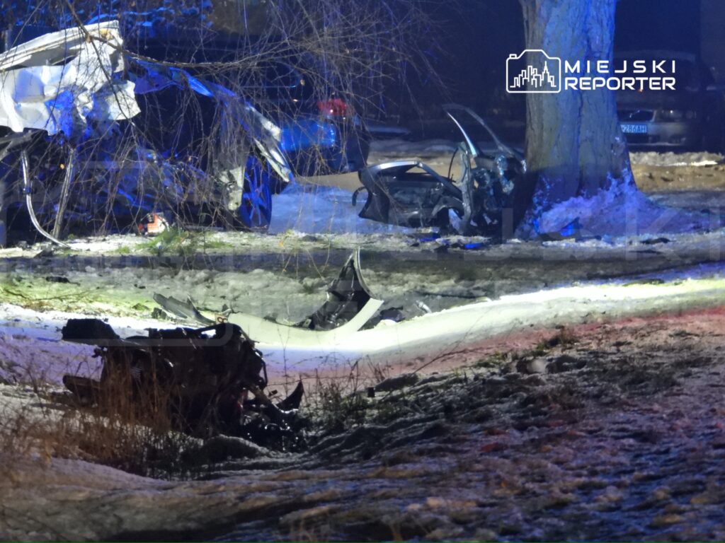 Zniszczony samochód leży na poboczu drogi, obok widoczne fragmenty wraku oraz drzewo w tle.