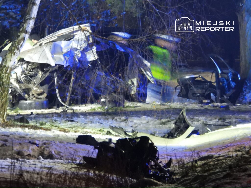 W nocy, na poboczu drogi, policjanci badają wrak samochodu, który rozpadł się na kawałki, wśród śniegu i drzew.