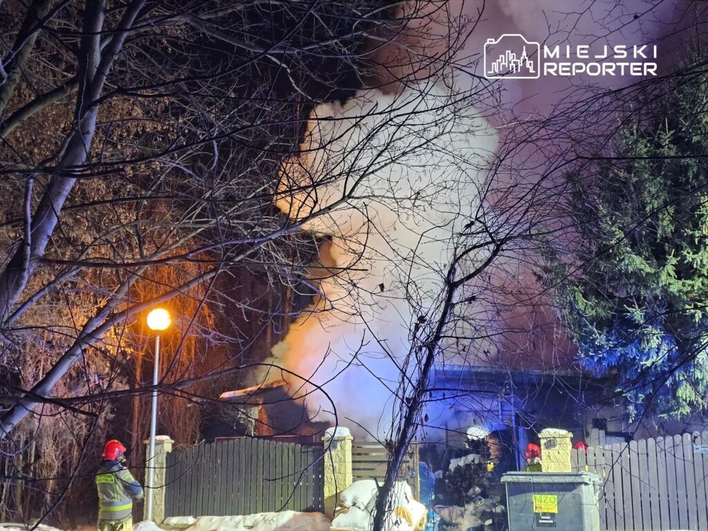 Strażak w hełmie i mundurze, trzymający wąż, walczy z pożarem w otoczeniu drzew i ogrodzenia. W tle widoczny gęsty dym.