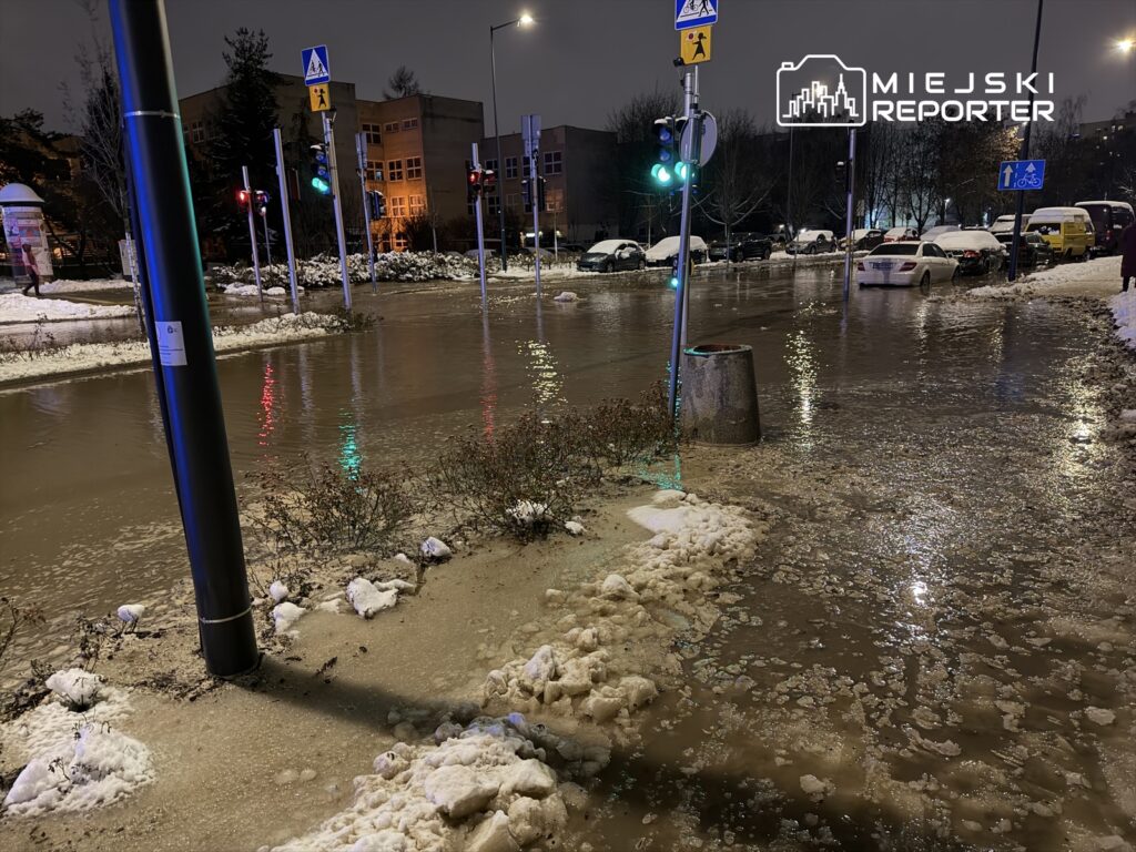 Zalany fragment ulicy z samochodami stojącymi w wodzie, obok sygnalizatory świetlne i oświetlenie uliczne.