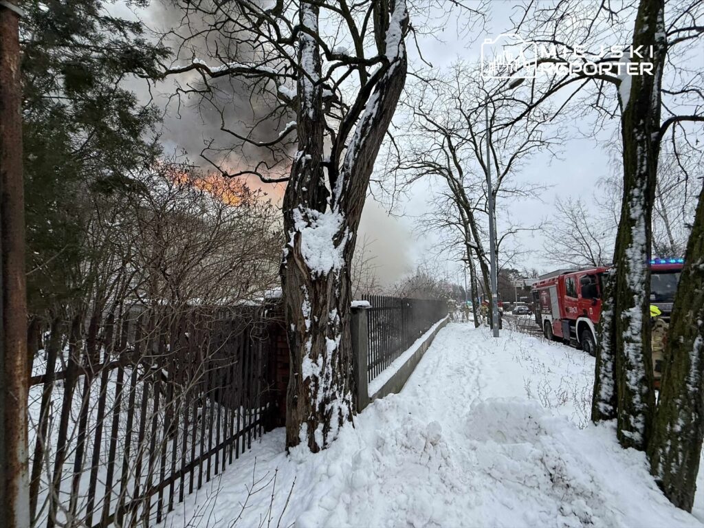 Płonący budynek w tle, widoczny przez gałęzie drzew, z wozem strażackim na zaśnieżonej drodze.